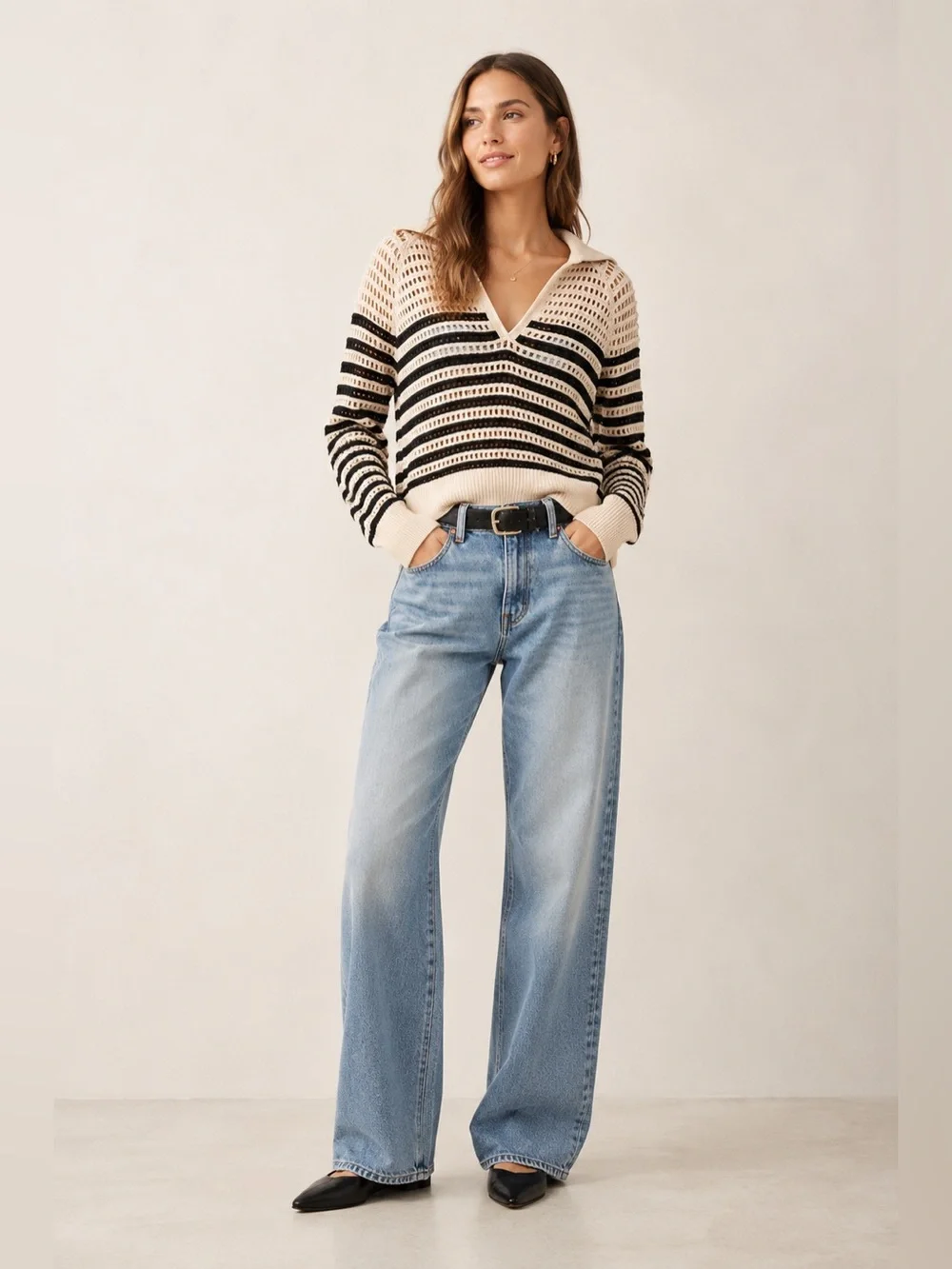J.Crew Crochet sailor-collar sweater in stripe cream black XXS